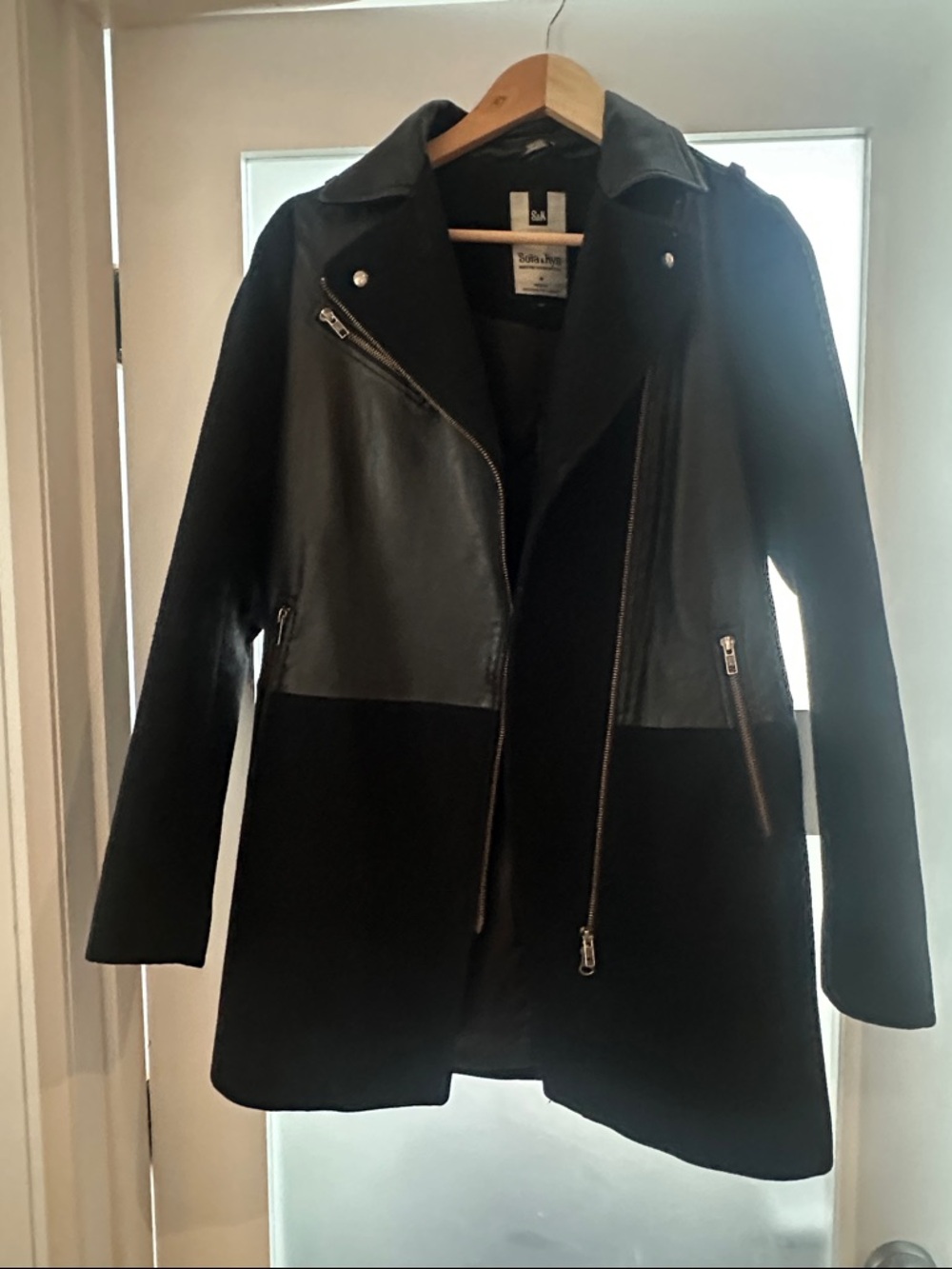 Soia & Kyo Black Leather-Panel Moto Coat